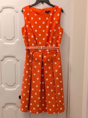 R&K Vibrant Orange Coral Fit and Flare Polka Dot Dress Size 4